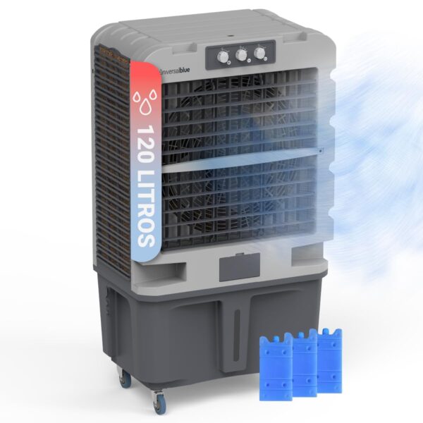 UNIVERSALBLUE Climatizador Evaporativo 120L, Caudal 10.000 m³/h, Cobertura 80 m², 350W, 3 Packs de Hielo, con Ruedas, Interiores y Exteriores, Almacenes