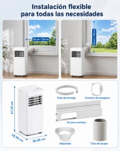 Aire Acondicionado Portátil 7000 BTU, Climatizador 4 en 1 (Frío, Ventilador, Deshumidificador 19L/D, Noche), Bajo Consumo, Silencioso, Temporizador 24H, Mando, Kit de Ventana Incluido, Blanco - Image 8