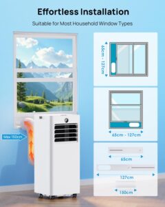 Aire Acondicionado Portátil 9000 BTU, Climatizador Silencioso 4 en 1: Refrigeración/Ventilador/Deshumidificador/Modo Sueño, Mando a Distancia, Pantalla LED, Temporizador 24h, Ruedas, con Kit Ventana - Image 5