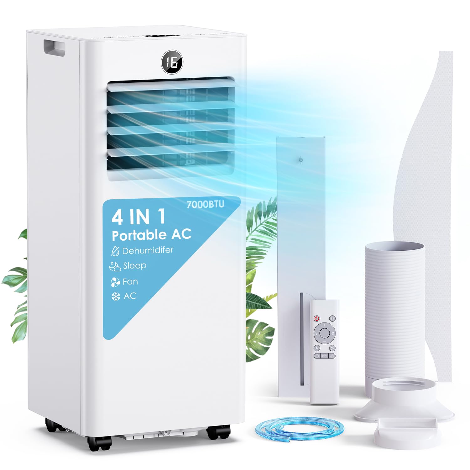 61qmfkGfiLL Aire Acondicionado Portatil 7000 BTU con Kit Ventana, 4 en 1 Refrigeración/Ventilador/Deshumidificador/Modo Sueño, Mando a Distancia, Temporizador 24h, Ruedas 360°, Silencioso para Dormitorio Oficina - Image 1