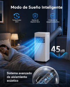 Aire Acondicionado Portátil 7000 BTU, Climatizador 4 en 1 (Frío, Ventilador, Deshumidificador 19L/D, Noche), Bajo Consumo, Silencioso, Temporizador 24H, Mando, Kit de Ventana Incluido, Blanco - Image 4