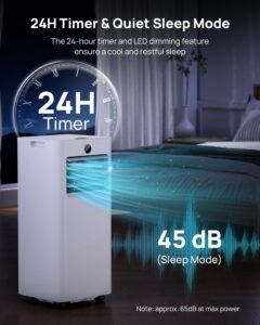 Aire Acondicionado Portátil 9000 BTU, Climatizador Silencioso 4 en 1: Refrigeración/Ventilador/Deshumidificador/Modo Sueño, Mando a Distancia, Pantalla LED, Temporizador 24h, Ruedas, con Kit Ventana - Image 8