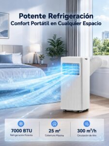 Aire Acondicionado Portátil 7000 BTU, Climatizador 4 en 1 (Frío, Ventilador, Deshumidificador 19L/D, Noche), Bajo Consumo, Silencioso, Temporizador 24H, Mando, Kit de Ventana Incluido, Blanco - Image 2
