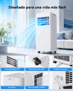 Aire Acondicionado Portátil 7000 BTU, Climatizador 4 en 1 (Frío, Ventilador, Deshumidificador 19L/D, Noche), Bajo Consumo, Silencioso, Temporizador 24H, Mando, Kit de Ventana Incluido, Blanco - Image 7