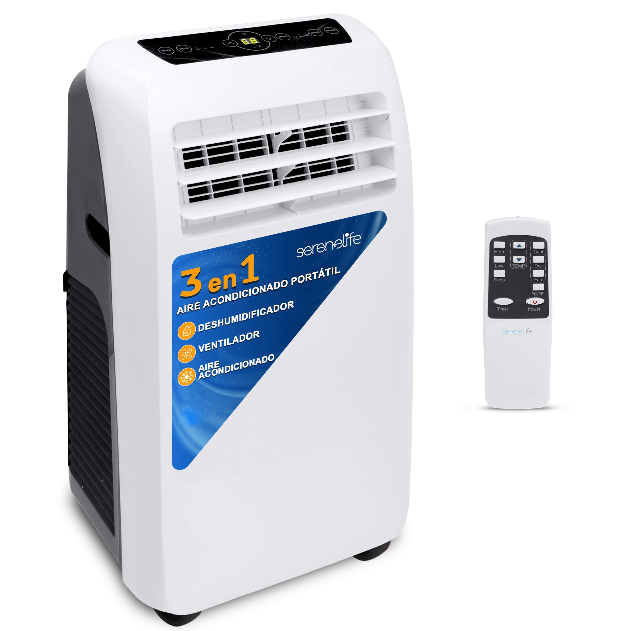 71HddYRh1hL SereneLife Aire Acondicionado Portátil, 9.000 BTU, con Mando a Distancia, Móvil, Silencioso, Deshumidificador, Ventilador, Kit Escape Ventana, Blanco - Image 1