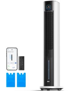 DREO Ventilador de Torre con enfriamiento por agua, enfriador 110 cm, silencioso, 4 velocidades, 4 modos, evaporativo, control app, paquete de hielo, oscilación 80°, temporizador 12 h, blanco