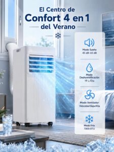 Aire Acondicionado Portátil 7000 BTU, Climatizador 4 en 1 (Frío, Ventilador, Deshumidificador 19L/D, Noche), Bajo Consumo, Silencioso, Temporizador 24H, Mando, Kit de Ventana Incluido, Blanco - Image 3