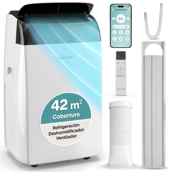 SereneLife Aire Acondicionado Portatil 16000BTU con WiFi y Calefaccion Inverter, Climatizador 4 en 1, con Deshumidificador y Ventilador, Modo Sleep, con Kit de Ventana para estancias de hasta 32 m²